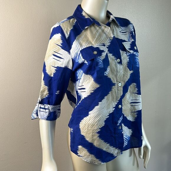 Chico's button down 100% cotton front pockets blue white tan abstract size 0 4 6 - Picture 2 of 8